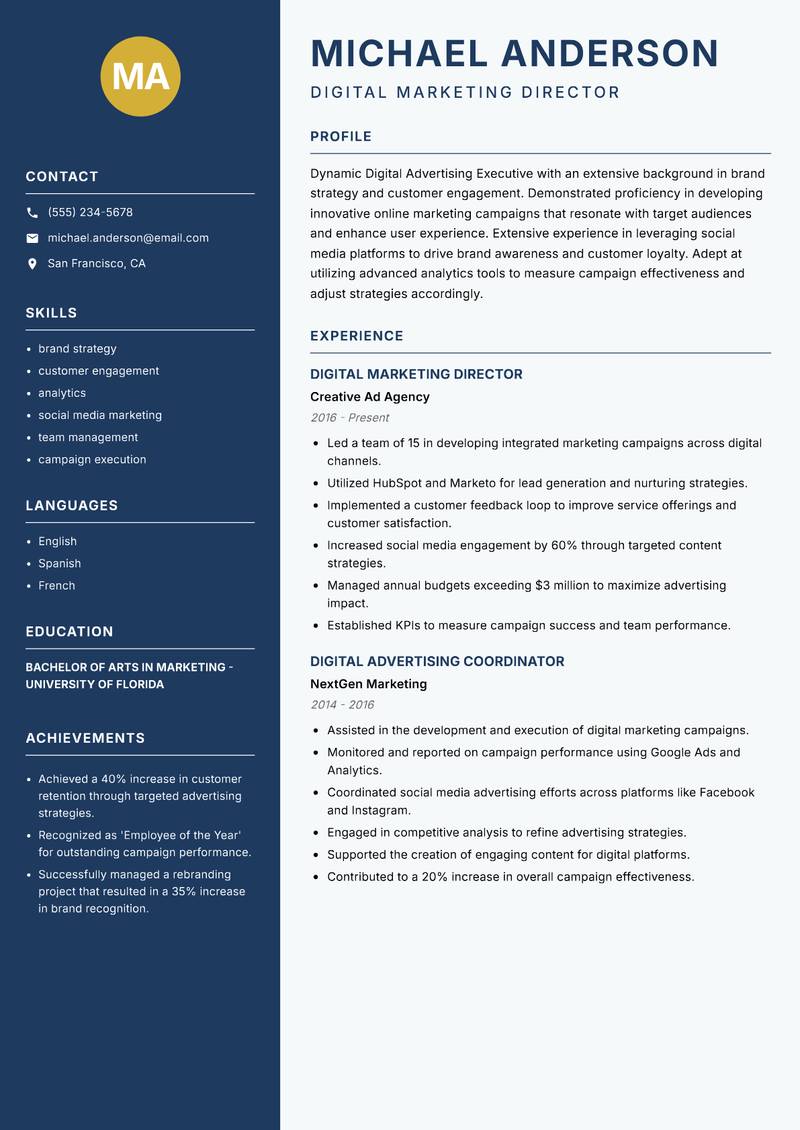 Digital Advertising Executive Resume Preview Example