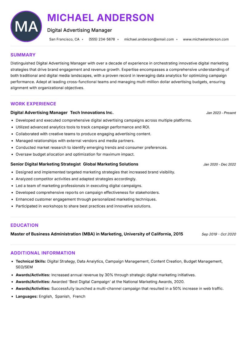 Digital Advertising Manager Resume Preview Example