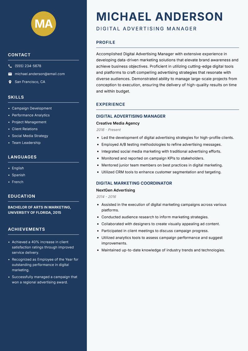 Digital Advertising Manager Resume Preview Example
