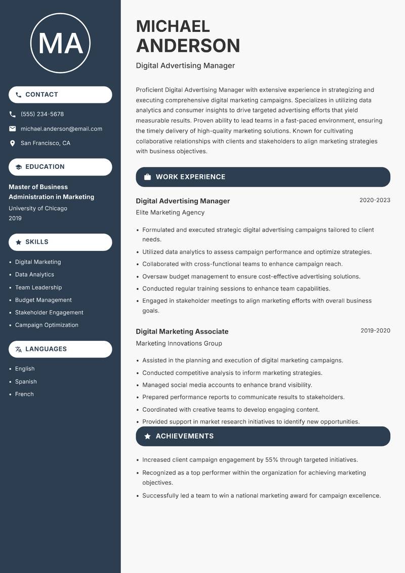 Digital Advertising Manager Resume Preview Example