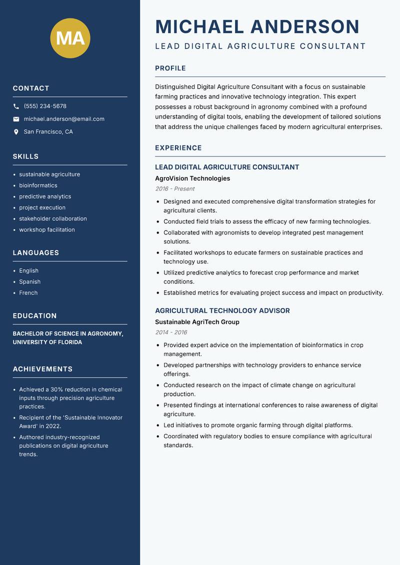 Digital Agriculture Consultant Resume Preview Example