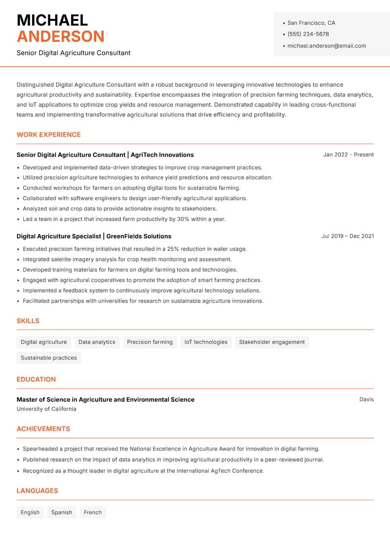 Digital Agriculture Consultant Resume Template