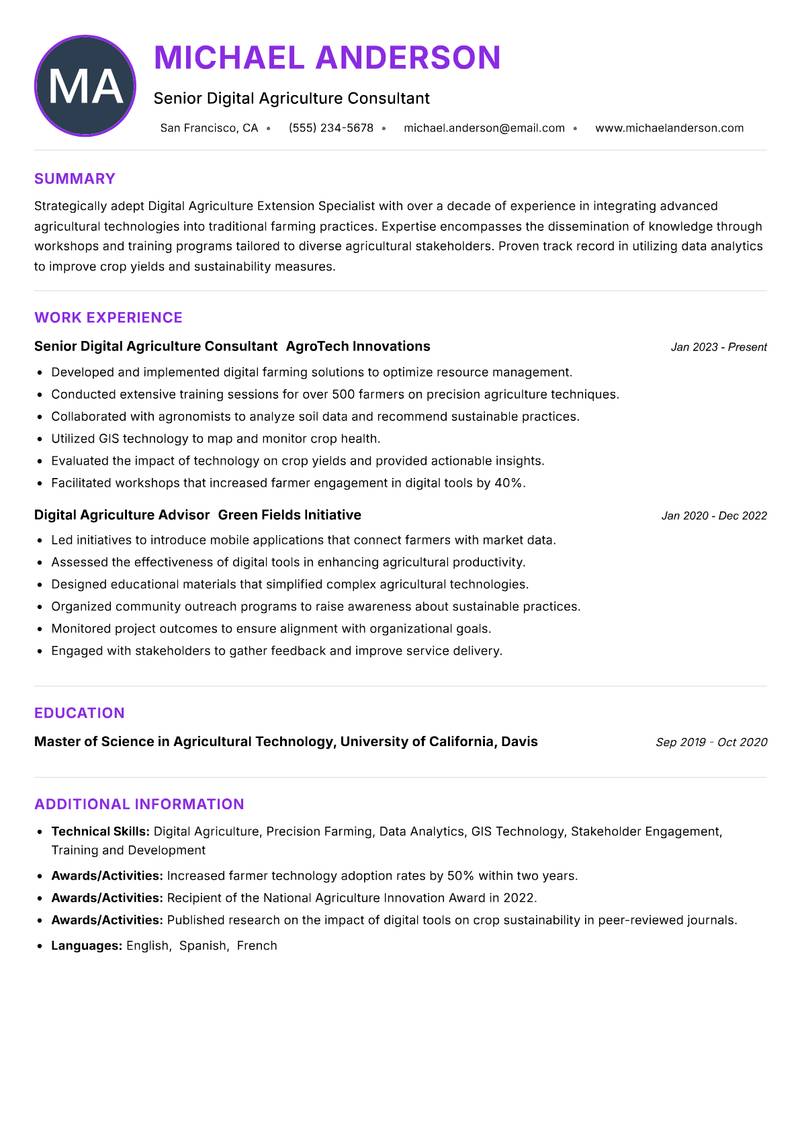Digital Agriculture Extension Specialist Resume Preview Example