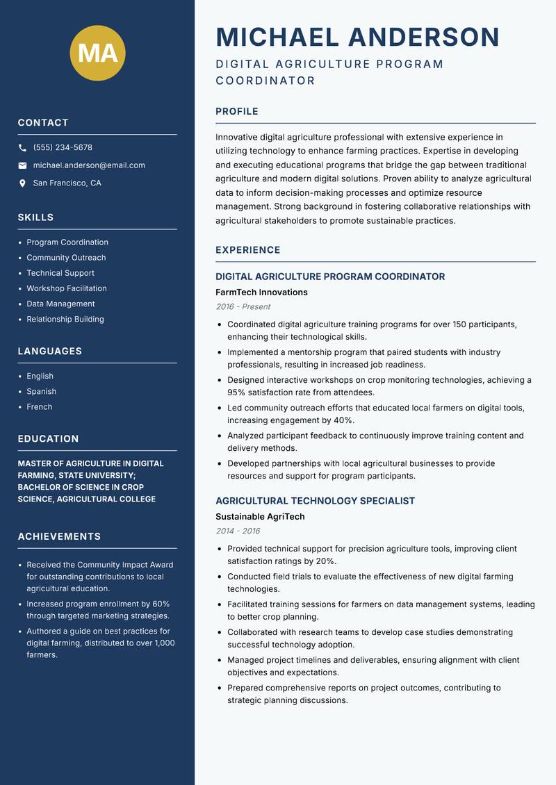 Digital Agriculture Instructor Resume Preview Example