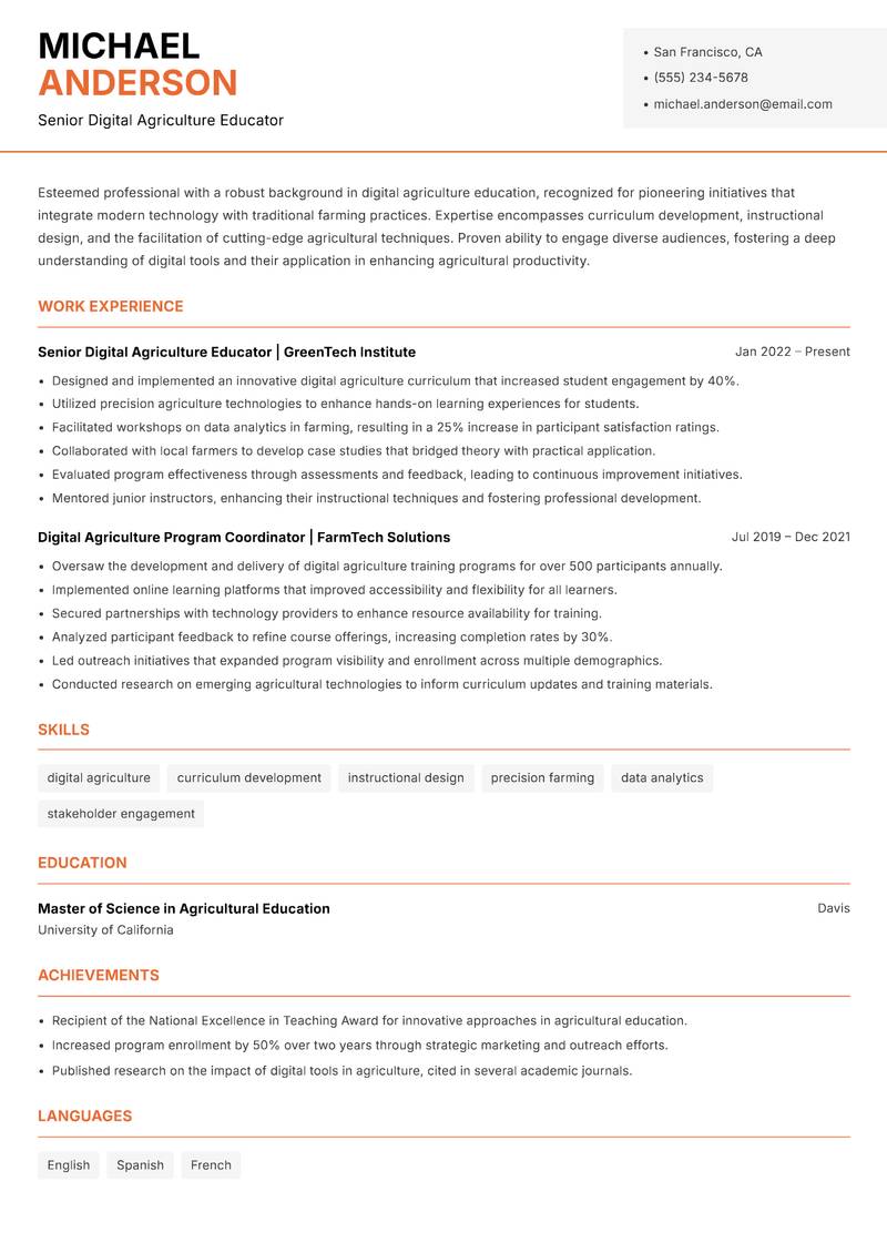 Digital Agriculture Instructor Resume Template