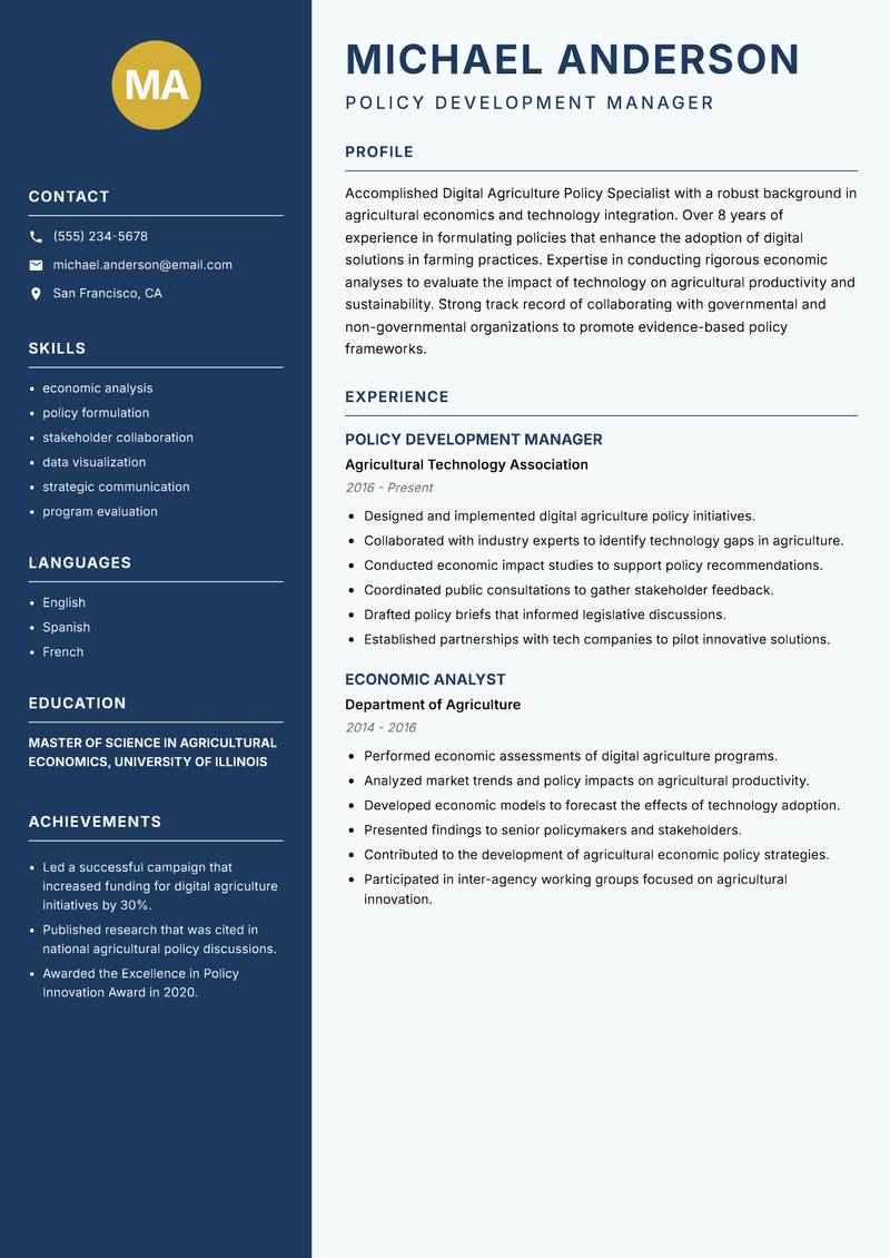 Digital Agriculture Policy Specialist Resume Preview Example