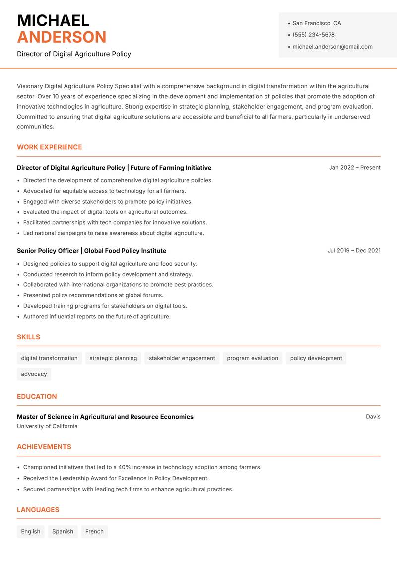 Digital Agriculture Policy Specialist Resume Template