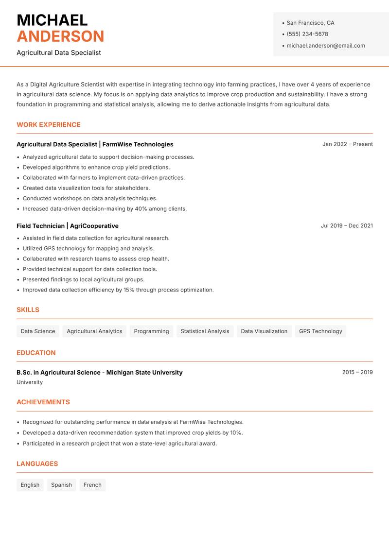 Digital Agriculture Scientist Resume Template