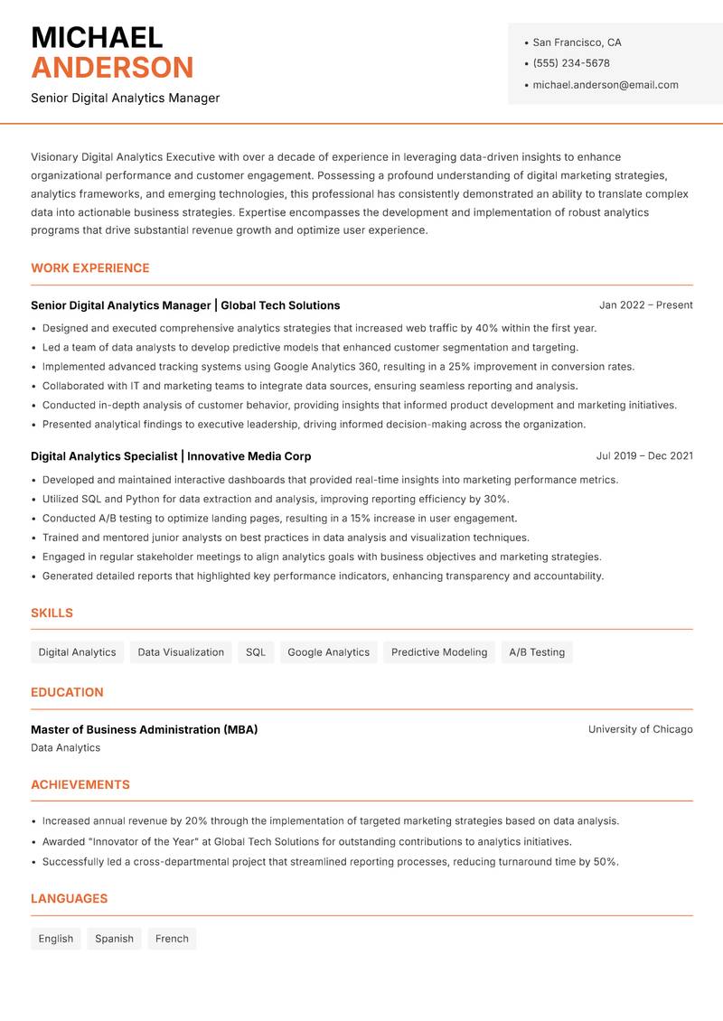 Digital Analytics Executive Resume Template
