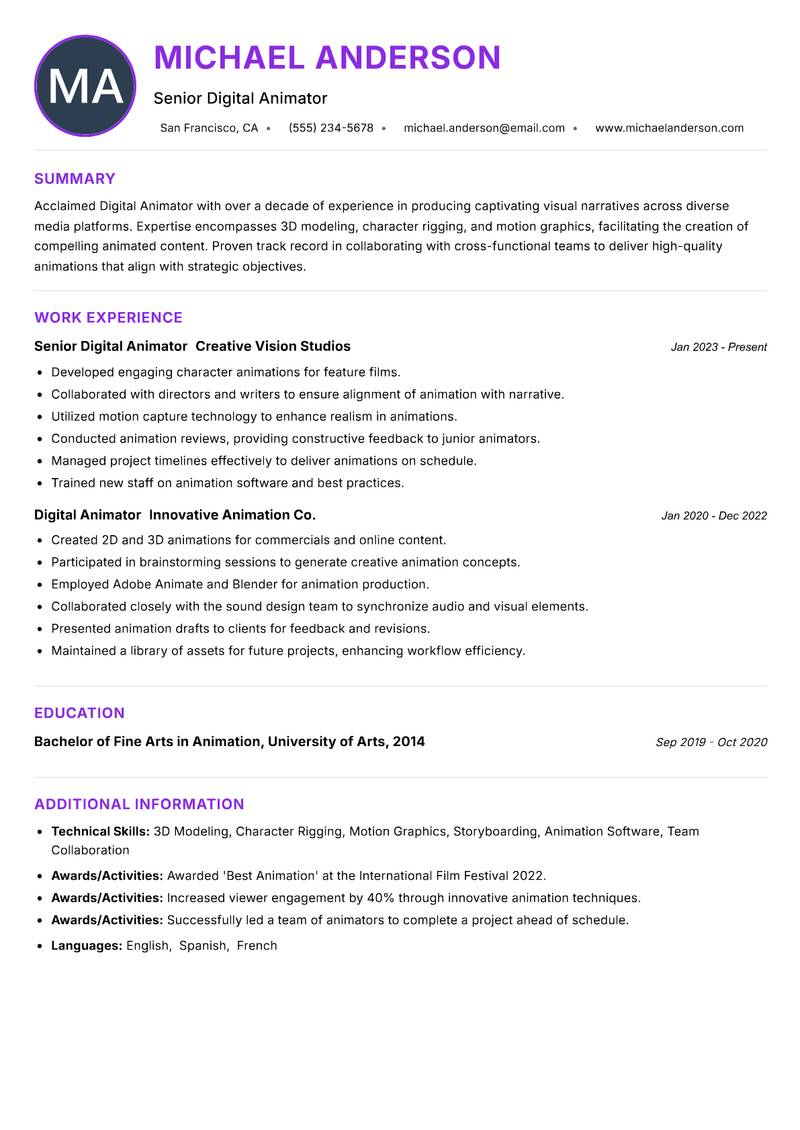 Digital Animator Resume Preview Example