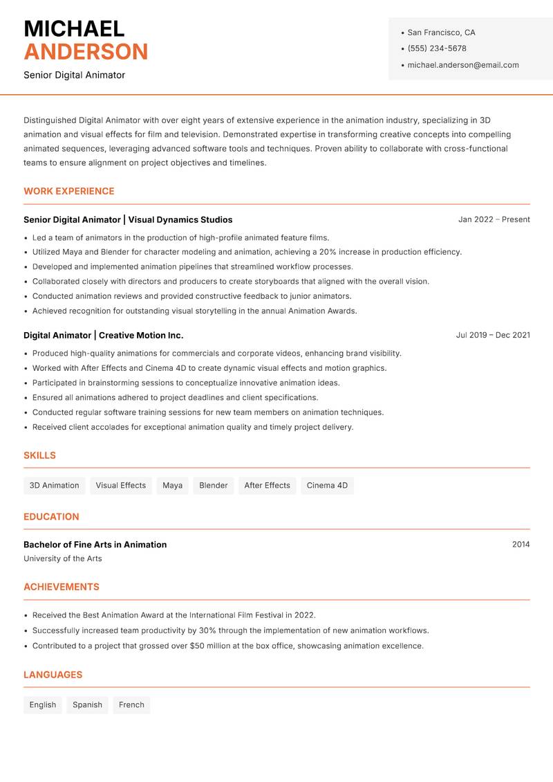 Digital Animator Resume Template