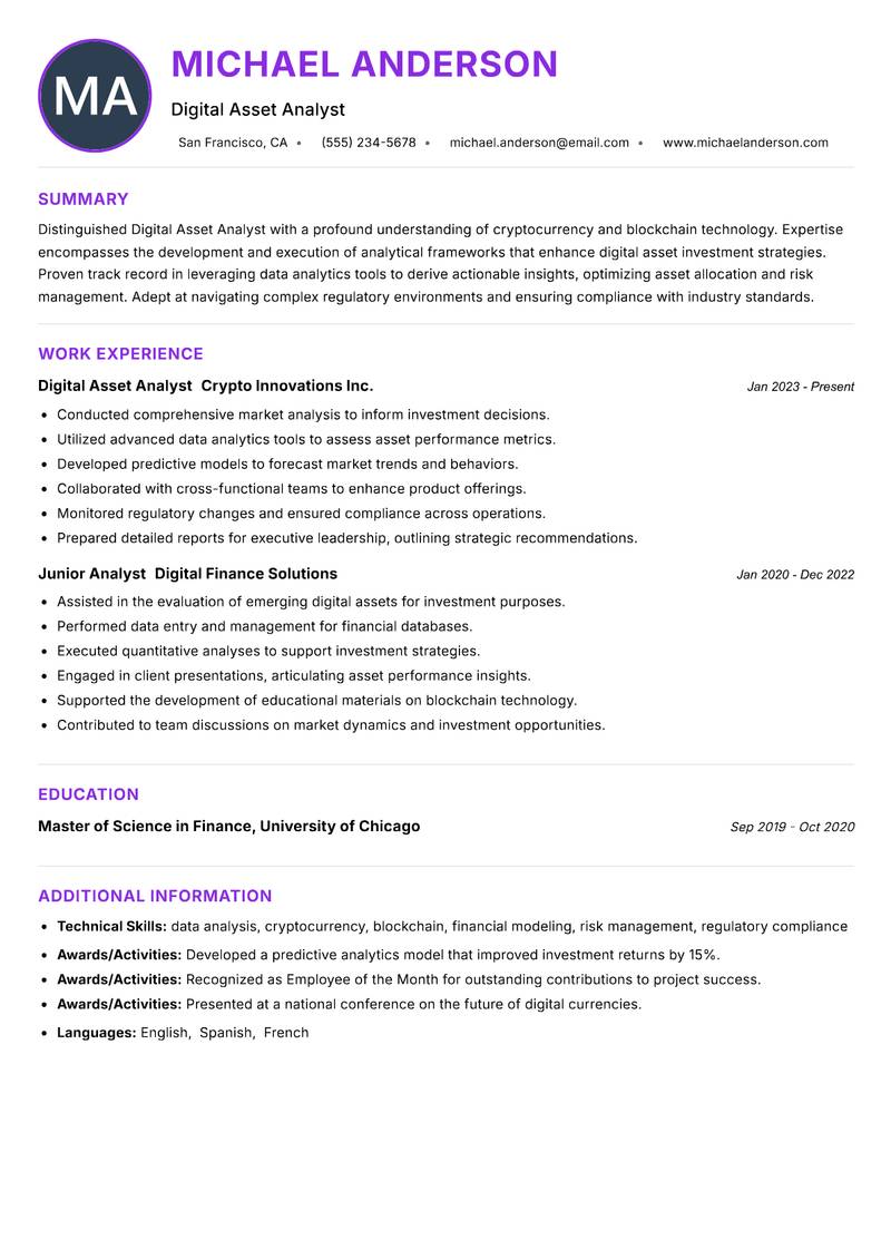 Digital Asset Analyst Resume Preview Example