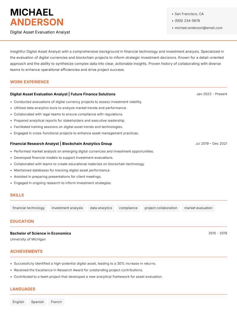 Digital Asset Analyst Resume Template