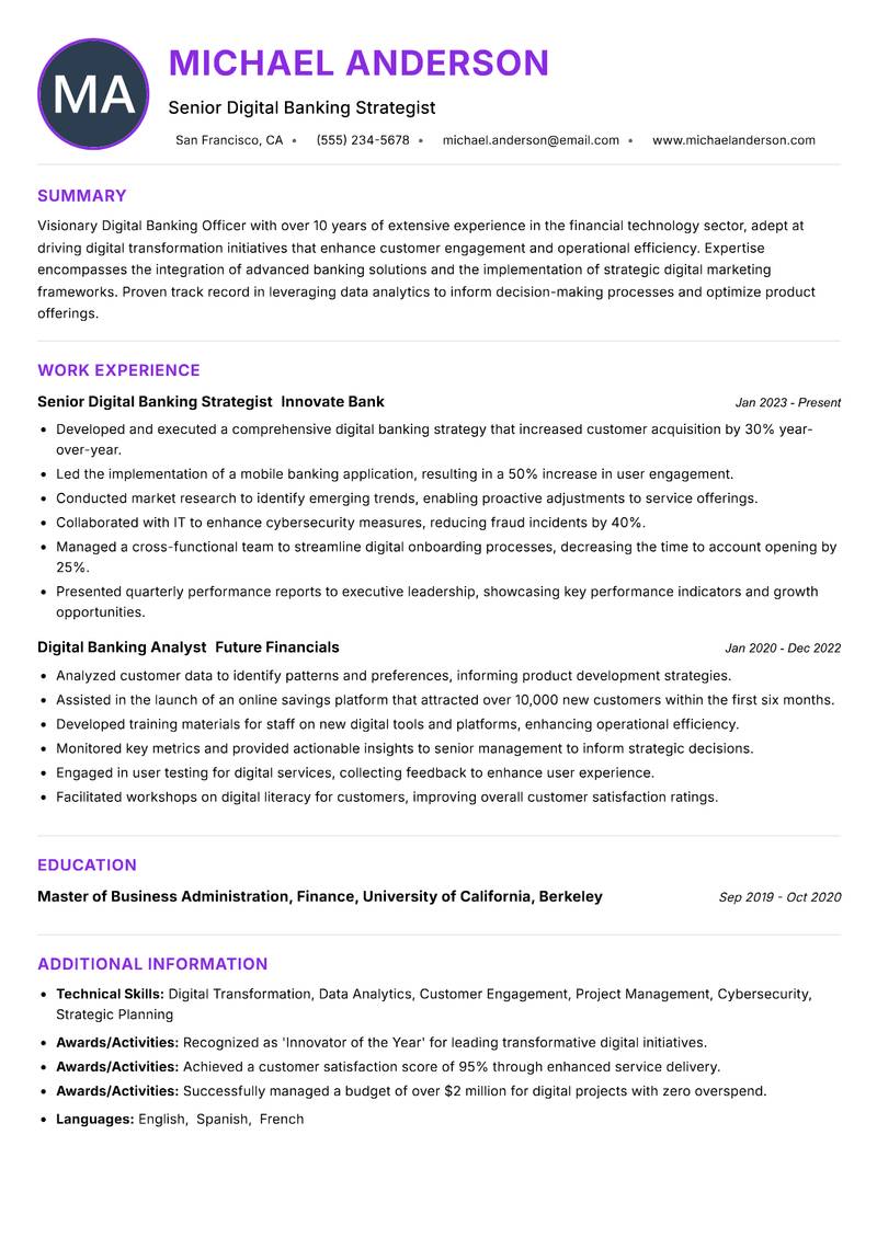 Digital Banking Officer Resume Preview Example