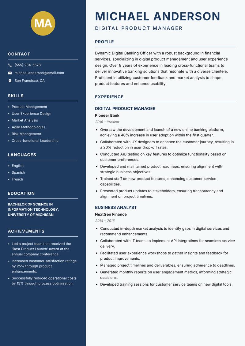 Digital Banking Officer Resume Preview Example