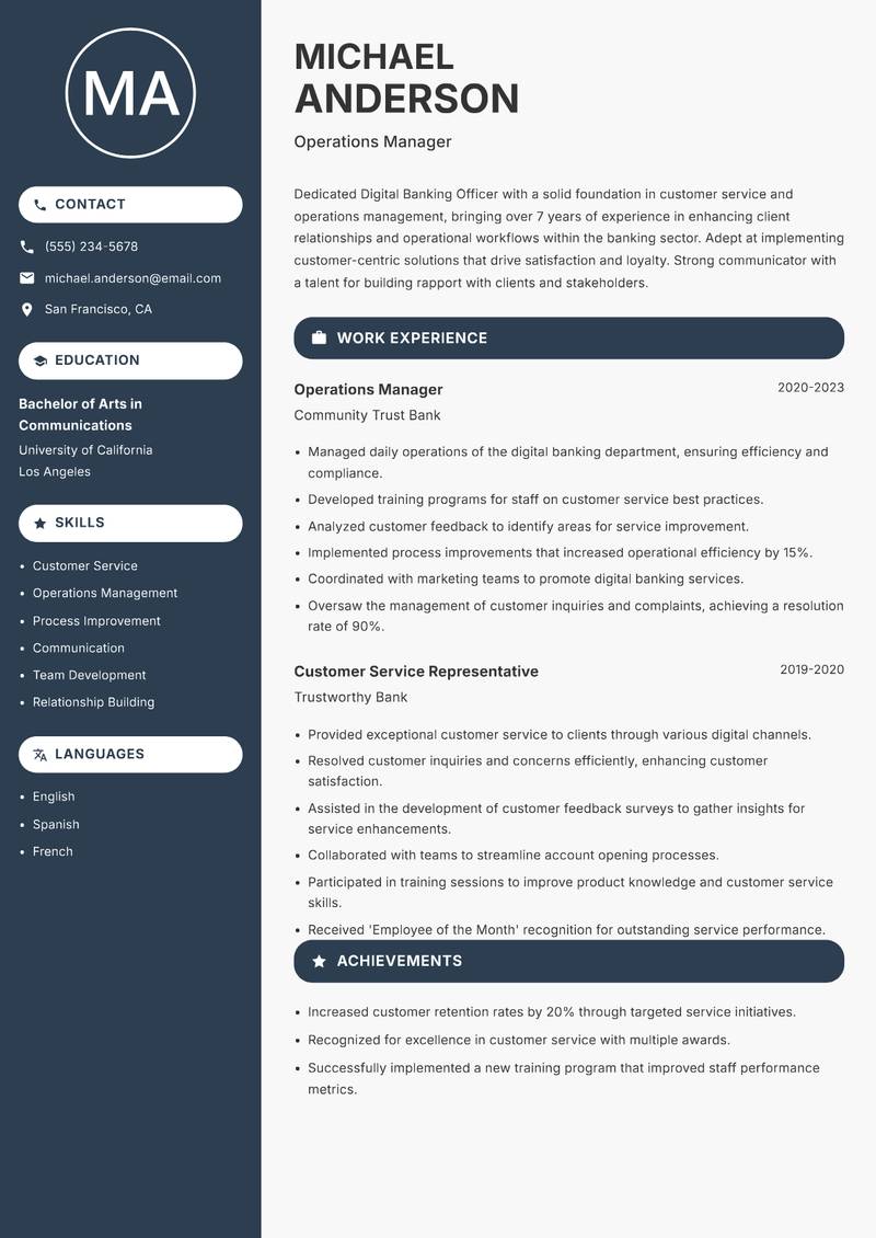 Digital Banking Officer Resume Preview Example