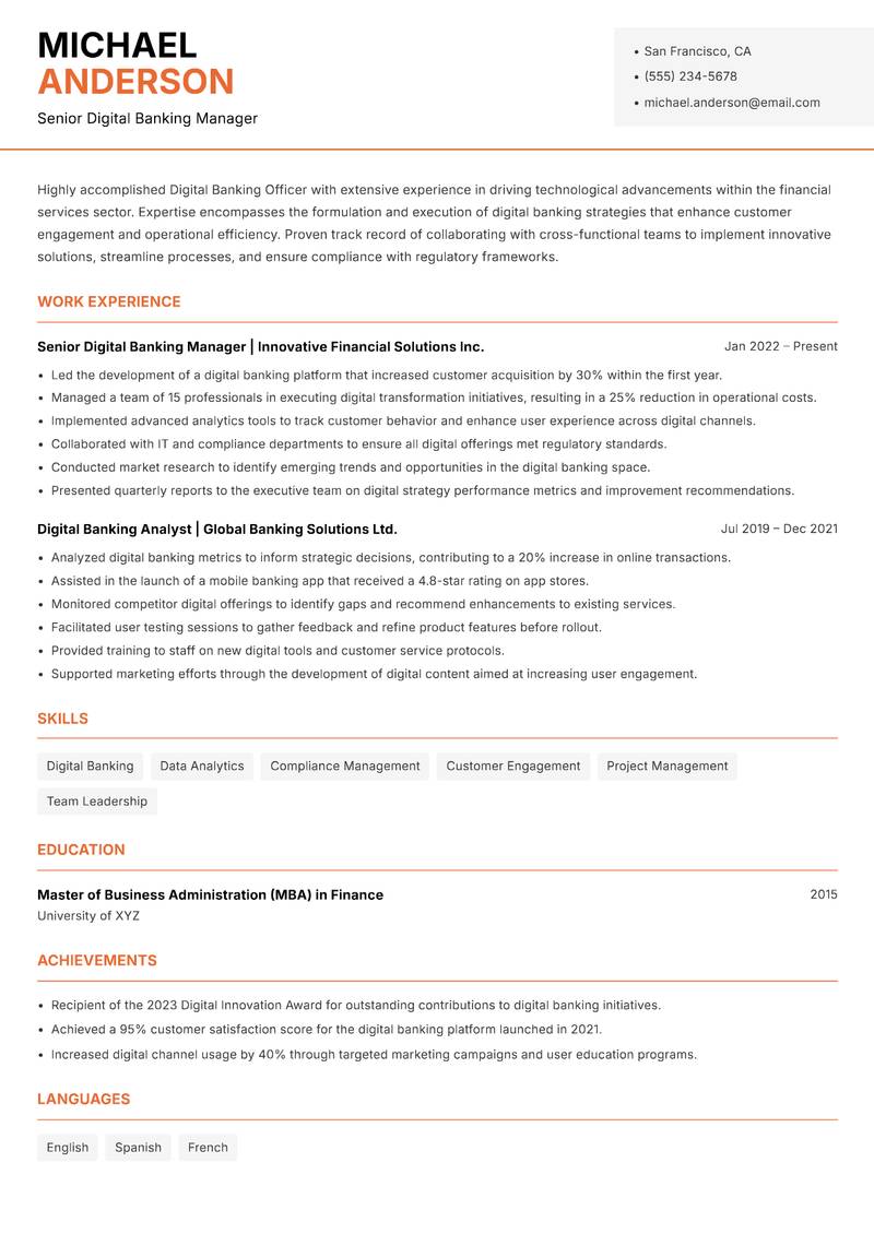 Digital Banking Officer Resume Template