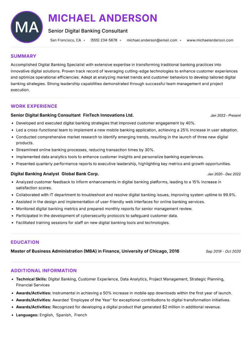 Digital Banking Specialist Resume Preview Example
