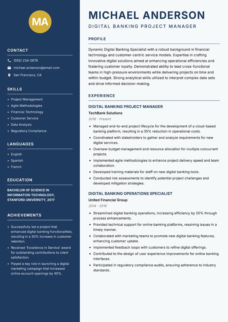 Digital Banking Specialist Resume Preview Example