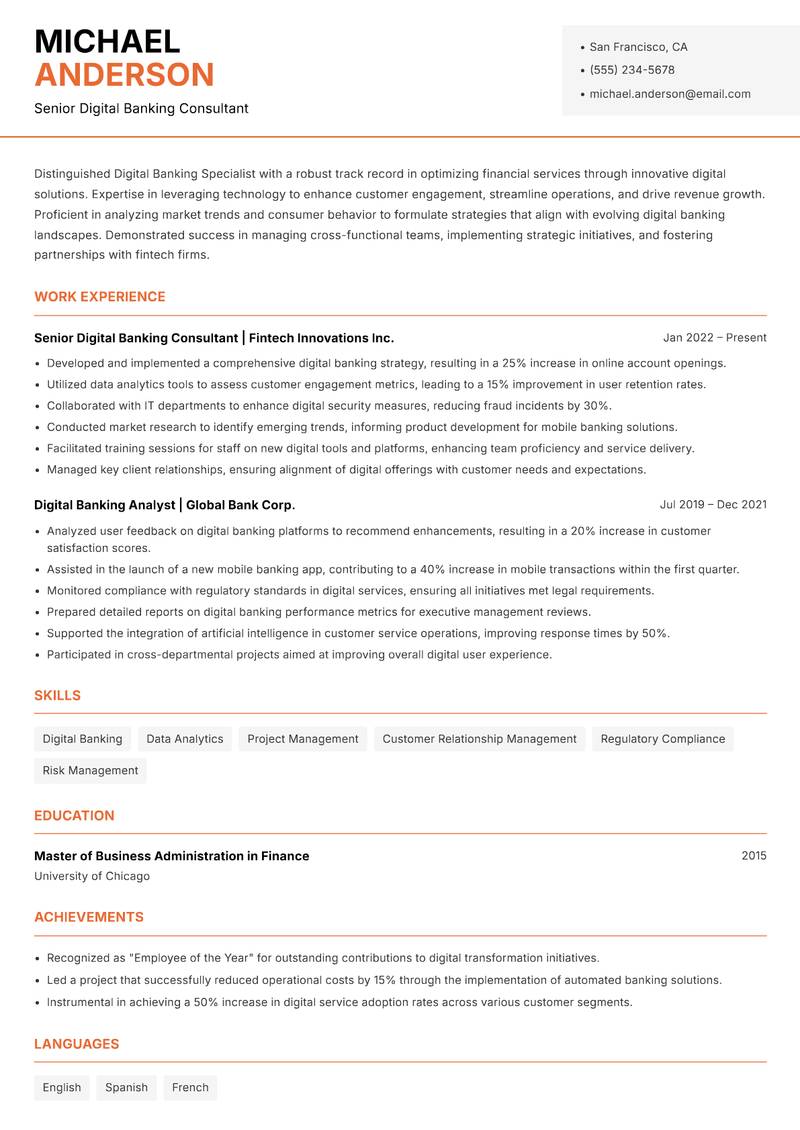 Digital Banking Specialist Resume Template