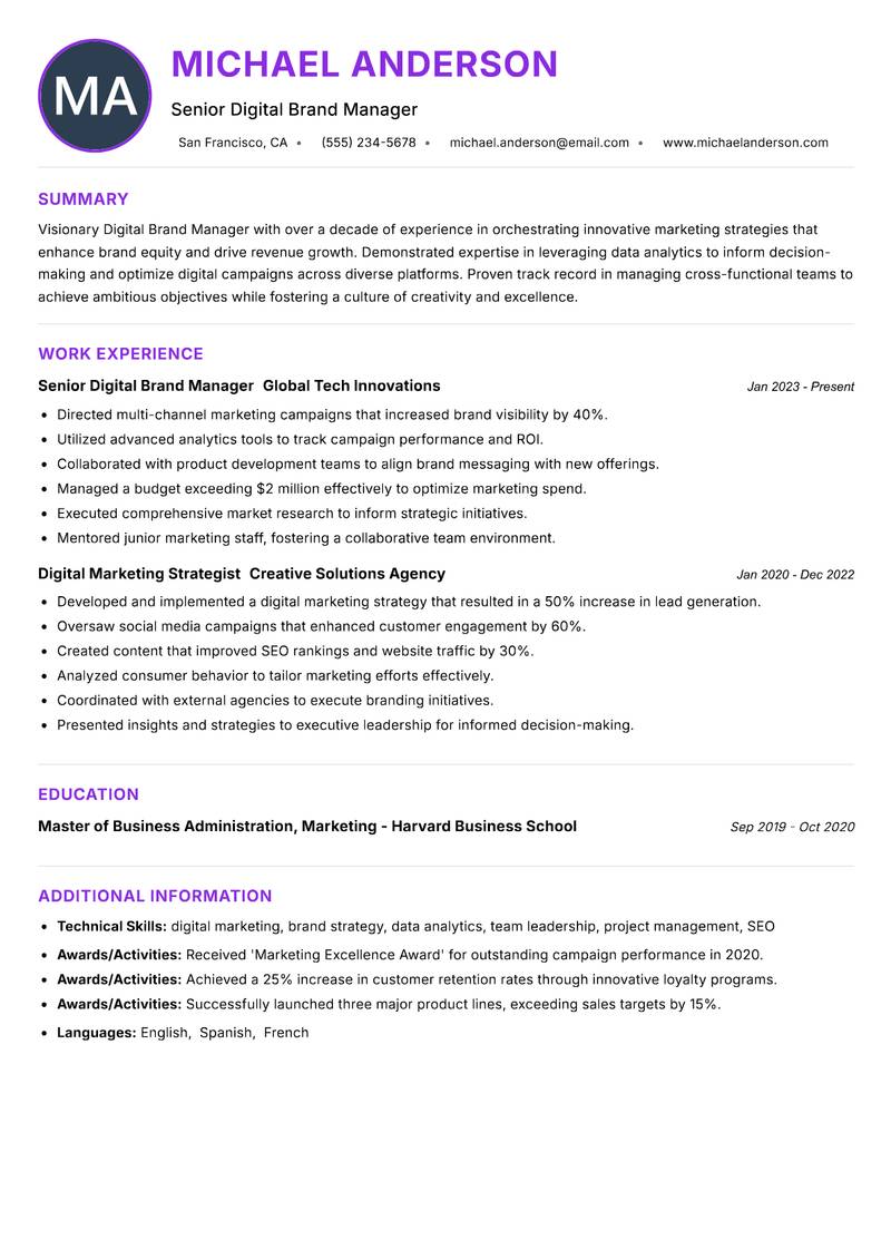 Digital Brand Manager Resume Preview Example
