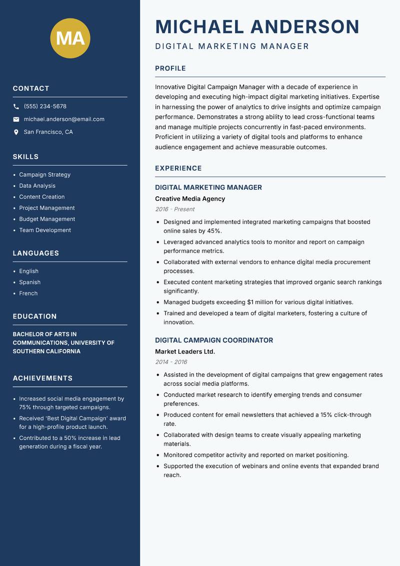 Digital Campaign Manager Resume Preview Example