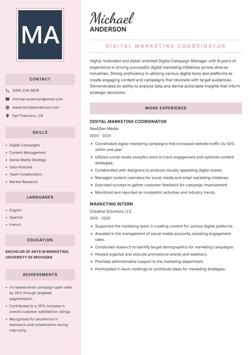 Digital Campaign Manager Resume Preview Example