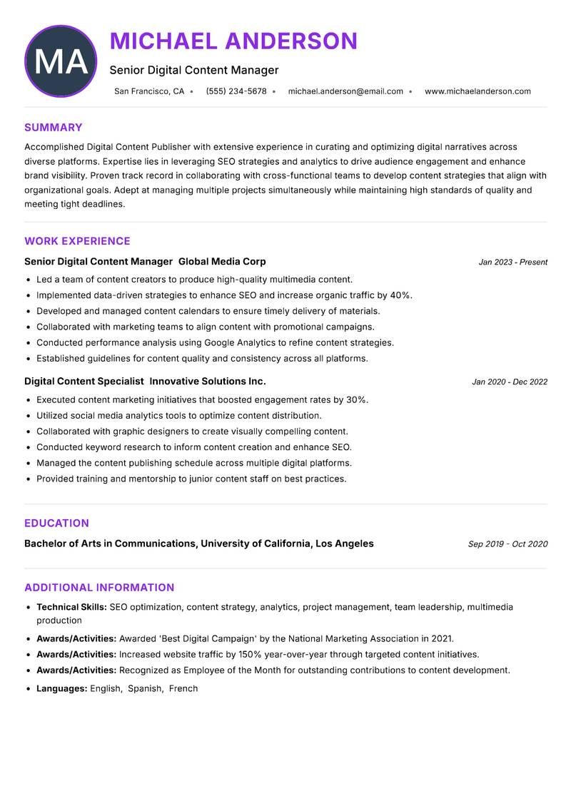 Digital Content Publisher Resume Preview Example