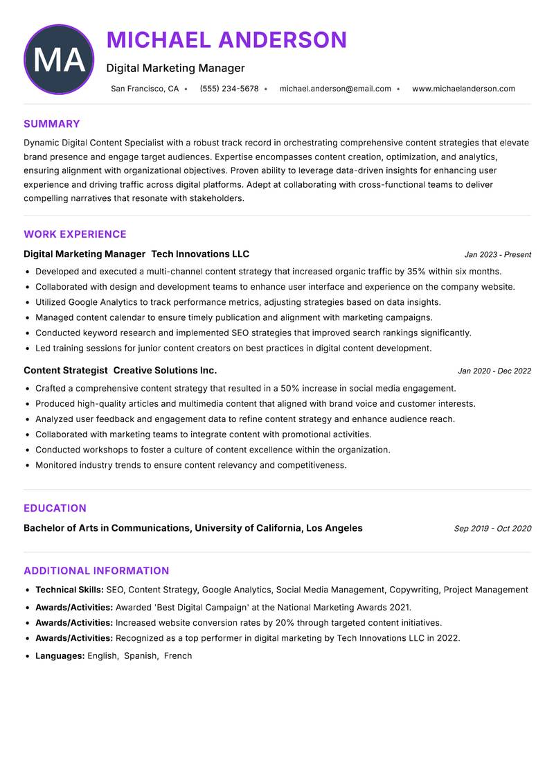 Digital Content Specialist Resume Preview Example