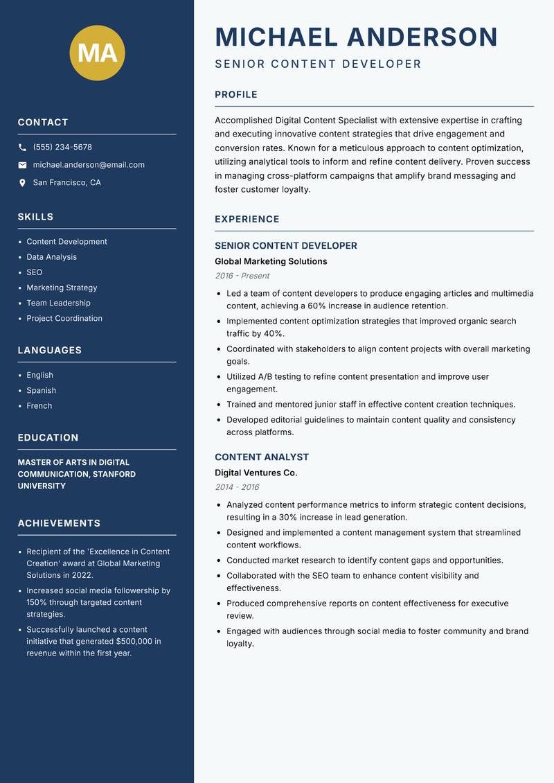 Digital Content Specialist Resume Preview Example