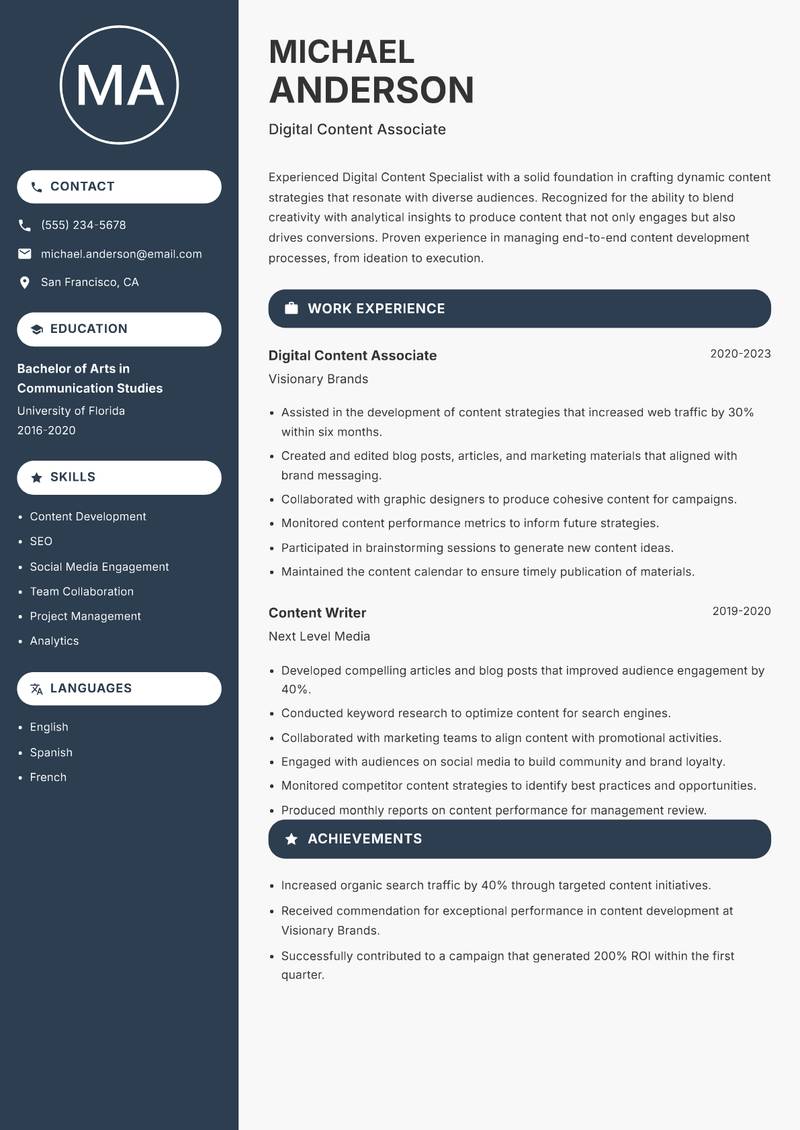 Digital Content Specialist Resume Preview Example