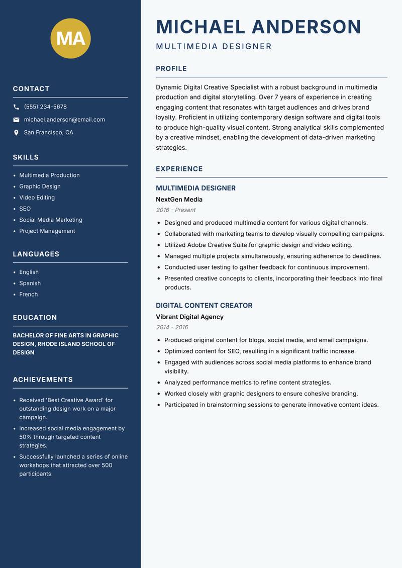 Digital Creative Specialist Resume Preview Example