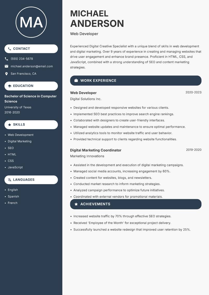 Digital Creative Specialist Resume Preview Example