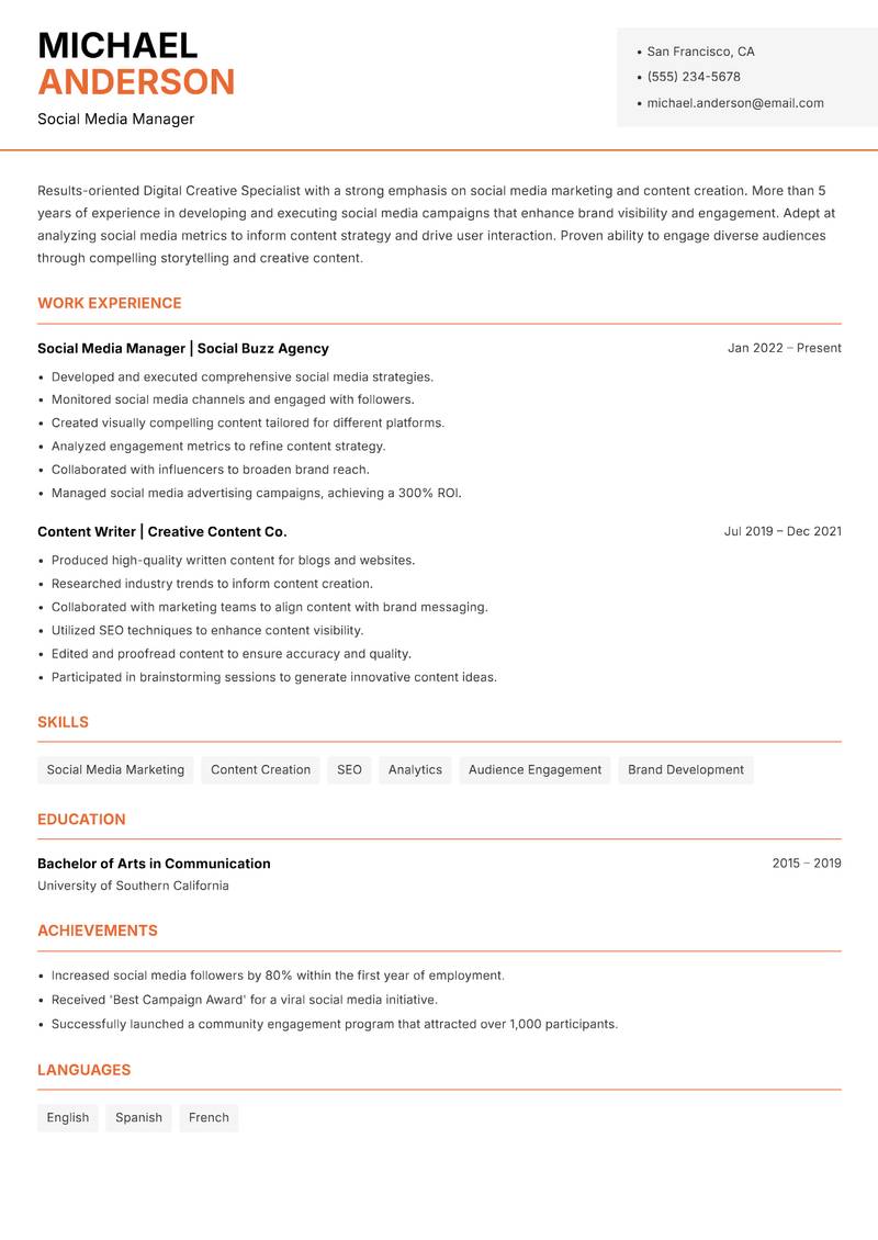 Digital Creative Specialist Resume Template
