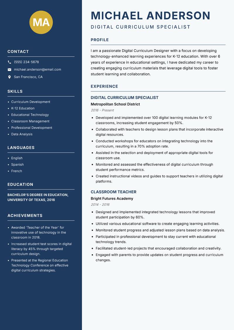 Digital Curriculum Designer Resume Preview Example