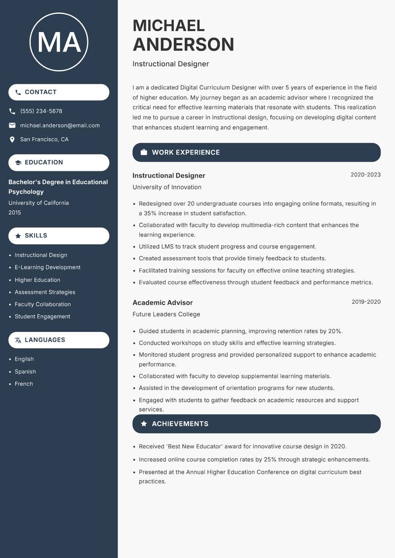 Digital Curriculum Designer Resume Preview Example