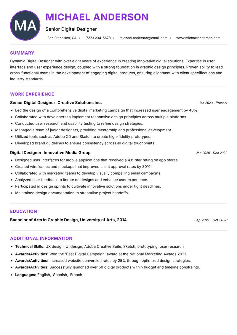Digital Designer Resume Preview Example