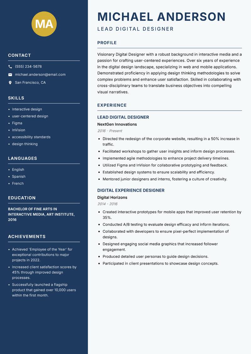 Digital Designer Resume Preview Example