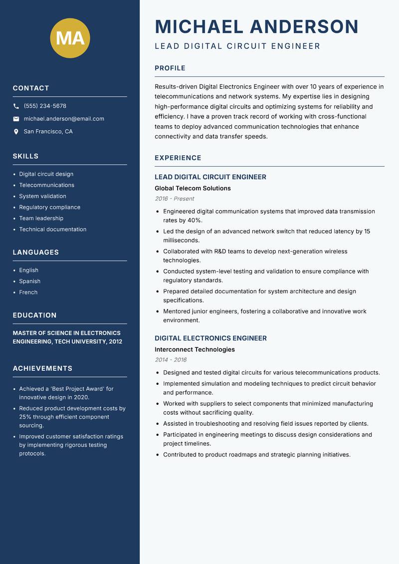 Digital Electronics Engineer Resume Preview Example