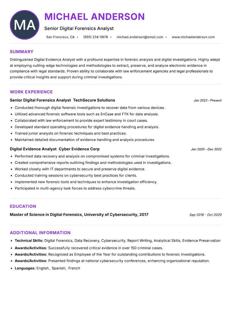 Digital Evidence Analyst Resume Preview Example