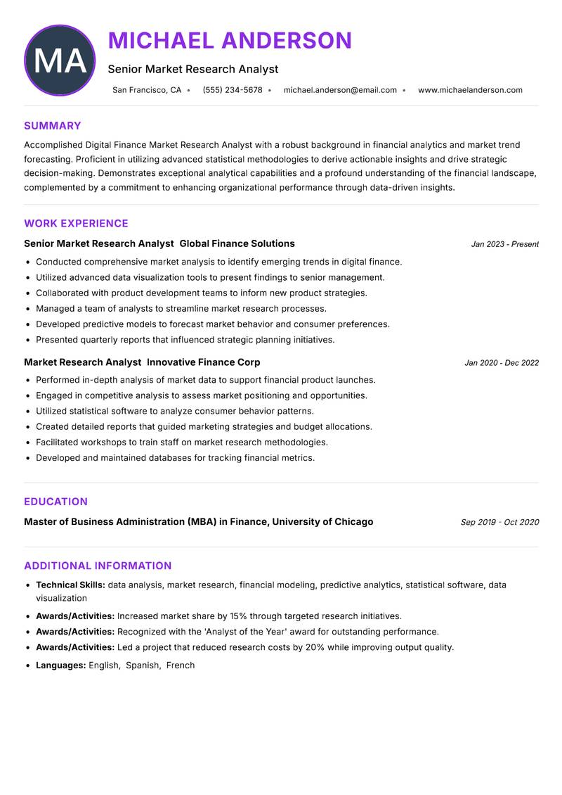 Digital Finance Market Research Analyst Resume Preview Example