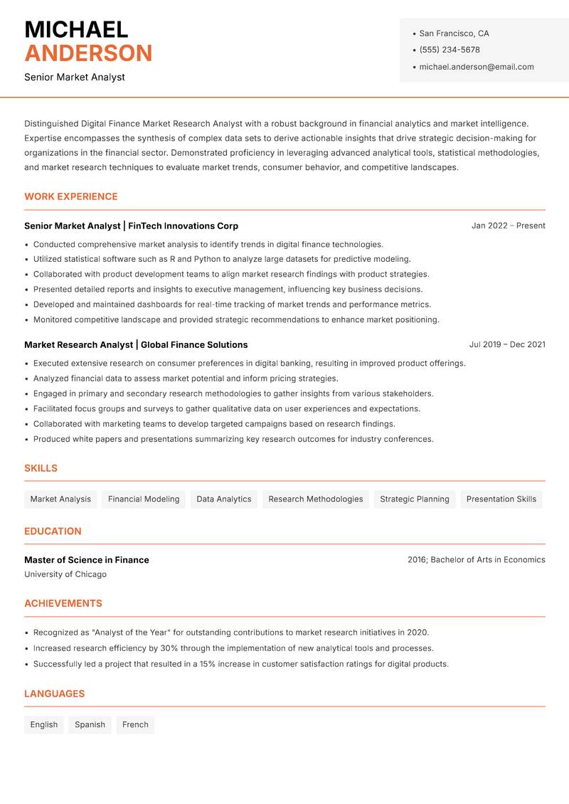 Digital Finance Market Research Analyst Resume Template