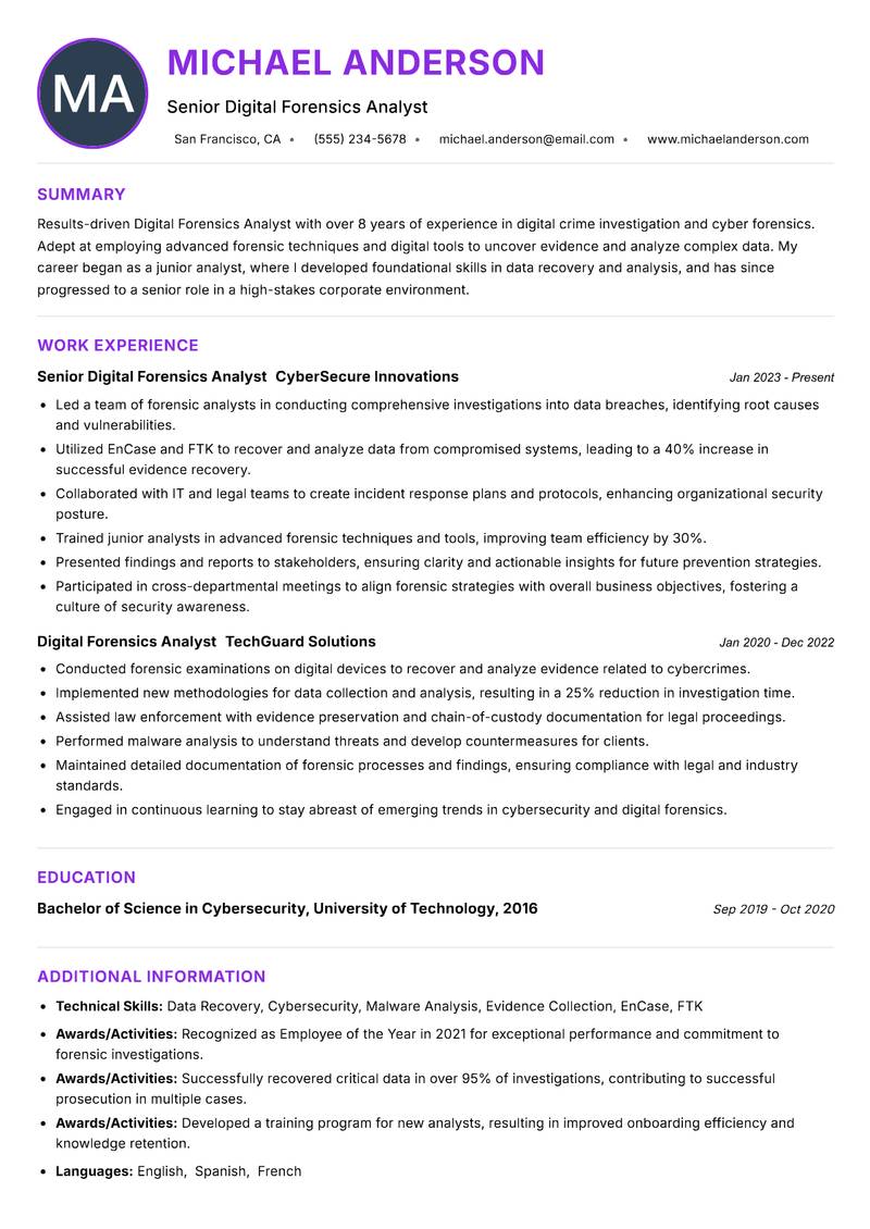 Digital Forensics Analyst Resume Preview Example