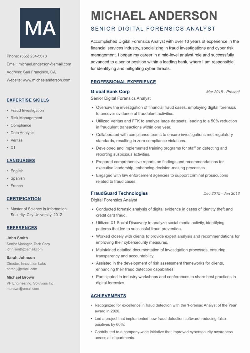 Digital Forensics Analyst Resume Preview Example