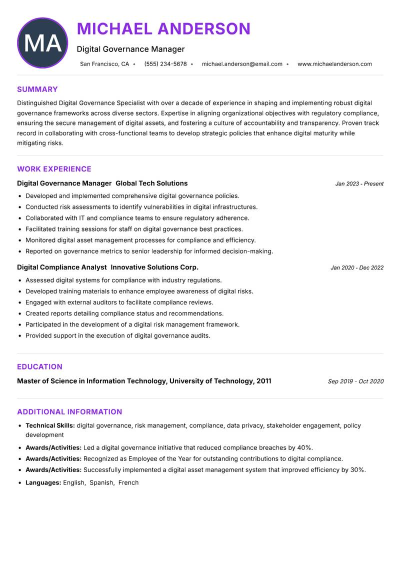 Digital Governance Specialist Resume Preview Example
