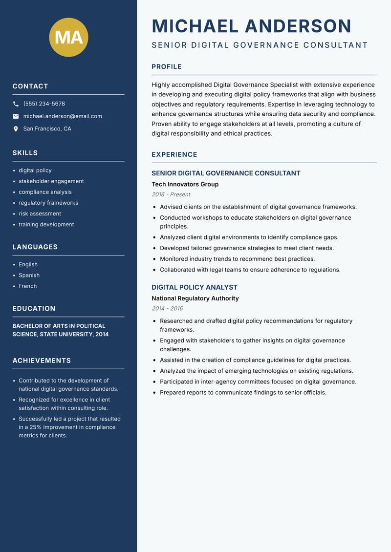 Digital Governance Specialist Resume Preview Example