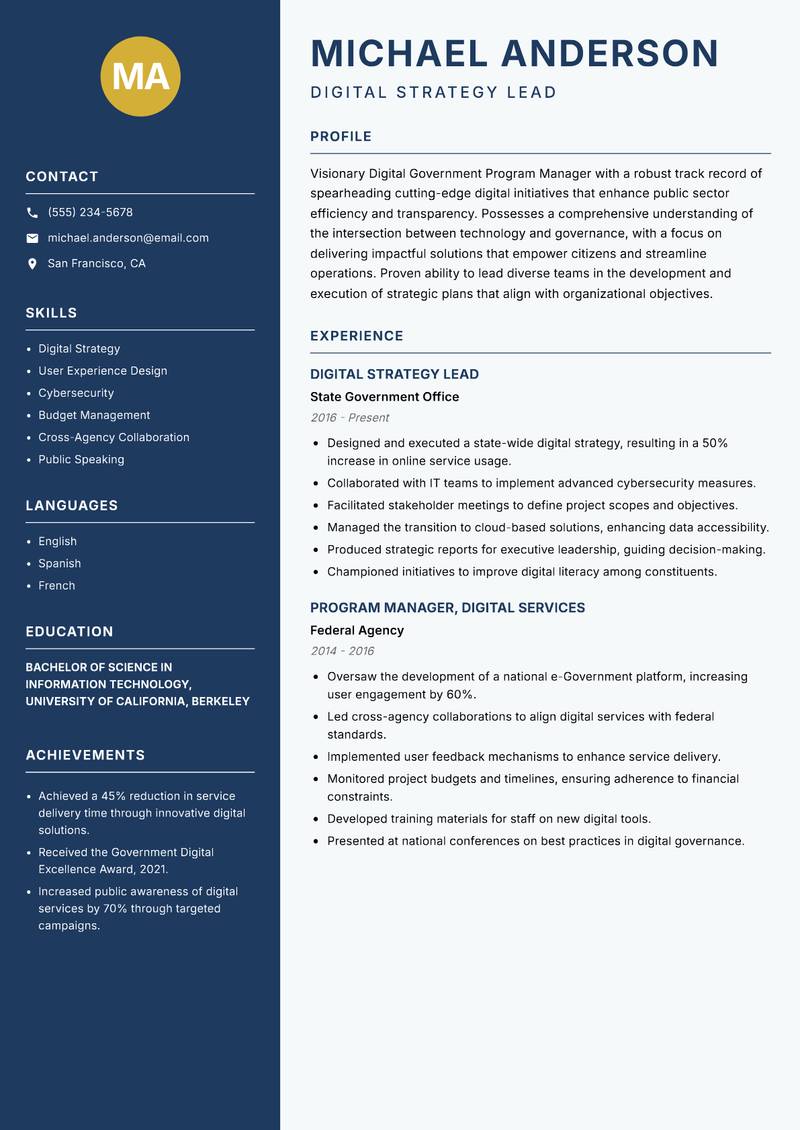 Digital Government Program Manager Resume Preview Example