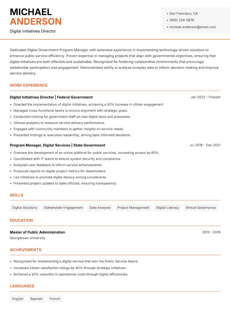 Digital Government Program Manager Resume Template