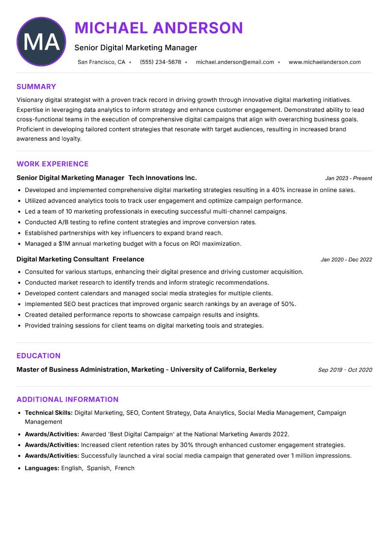 Digital Growth Consultant Resume Preview Example