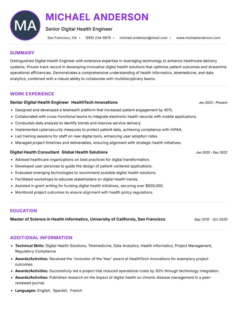 Digital Health Engineer Resume Preview Example